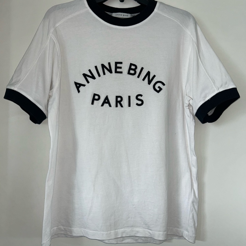 ANINE BING WOMENS SHORT SLEEVE RINGER TEE SHIRT PARIS SIZE MEDIUM BLACK WHITE